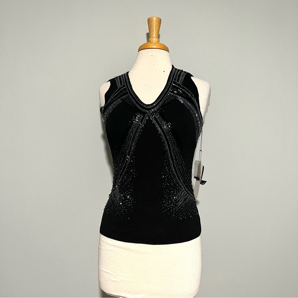 NWT Pierri New York Black Silver Sequin Beaded Sleeveless Top Size L